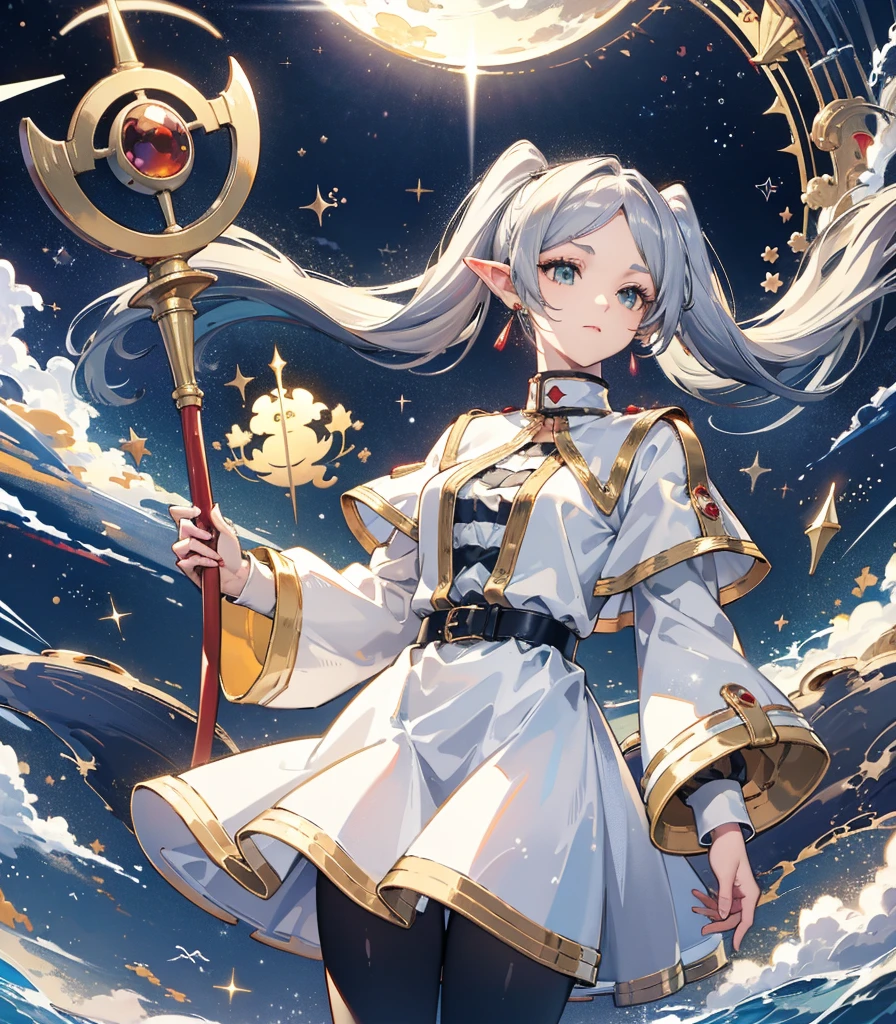 ((Highest quality)), ((masterpiece)), (detailed), Long Hair, Gray Hair, Twin tails, Pointed Ears, Earrings, Thick eyebrows, White capelet, Striped shirt, Long sleeve, belt, White Skirt, Black Pantyhose　High resolution　Holding a walking stick　magic circle　Beam from a wand　Streaks of Light　Shining Edges　Shining Background,freeze