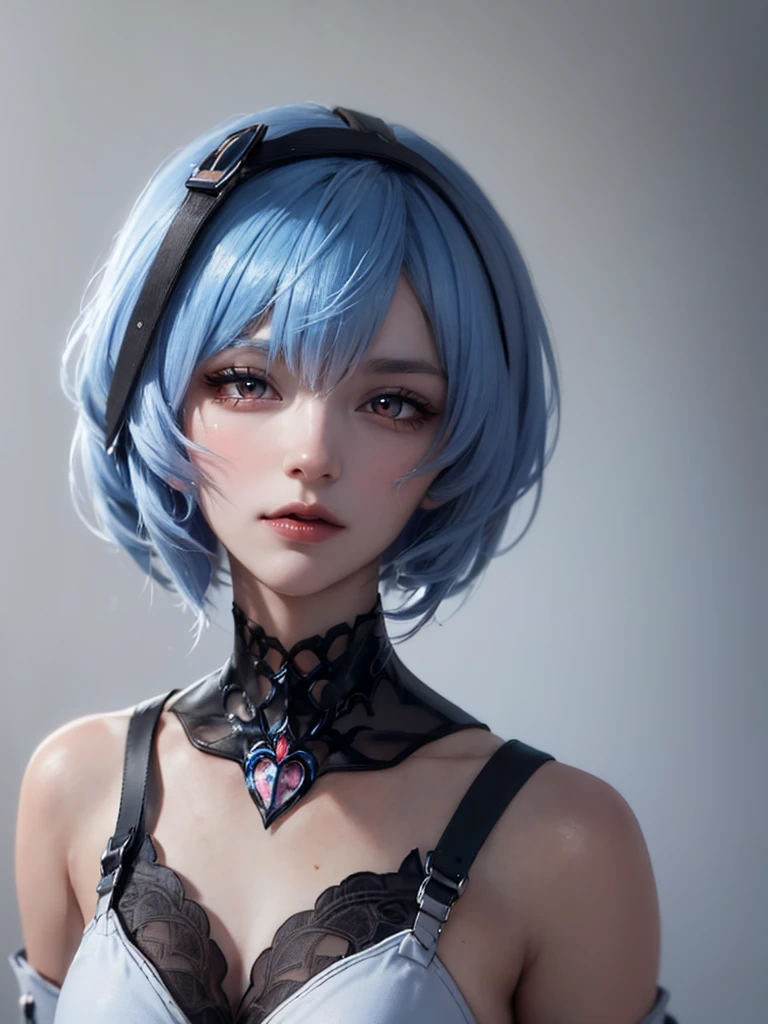 Masterpiece, Best Quality, 8K, Detailed Skin Texture, Detailed Cloth Texture, Beautiful Detail Face, Intricate Detail, Ultra Detailed, Portrait of Rei Ayanami, Blue Hair, Red Eyes, Head Tilt, No Background