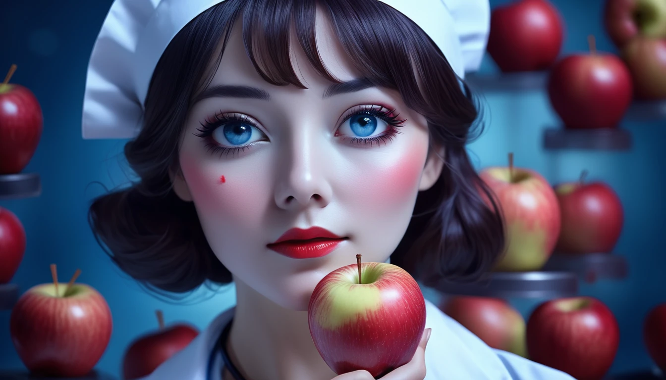 movie movie nurse,  Face blue red theme, Delicious fresh apples . Shallow depth of field, Vignette, Very detailed, high-budget Hollywood movies, Bokeh, Widescreen, Moody, epic, Gorgeous, Film Grain, Granular