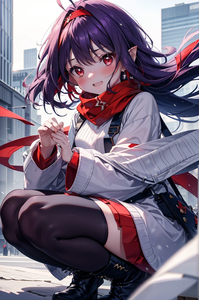 yuukikonno, Yuki Konno, hair band, Long Hair, Pointed Ears, Purple Hair,Ahoge, (Red eyes:1.5), (Small breasts:1.2),blush, smile,Open your mouth,white breath,Tokkuri Sweater,Red Scarf,Purple long coat,Long skirt,Black Pantyhose,short boots,Snow is piling up,it&#39;s snowing,whole bodyがイラスト入るように,Walking,evening,sunset,
break outdoors, construction area,
break looking at viewer, whole body,
break (masterpiece:1.2), Highest quality, High resolution, unity 8k wallpaper, (shape:0.8), (Beautiful attention to detail:1.6), Highly detailed face, Perfect lighting, Extremely detailed CG, (Perfect hands, Perfect Anatomy),