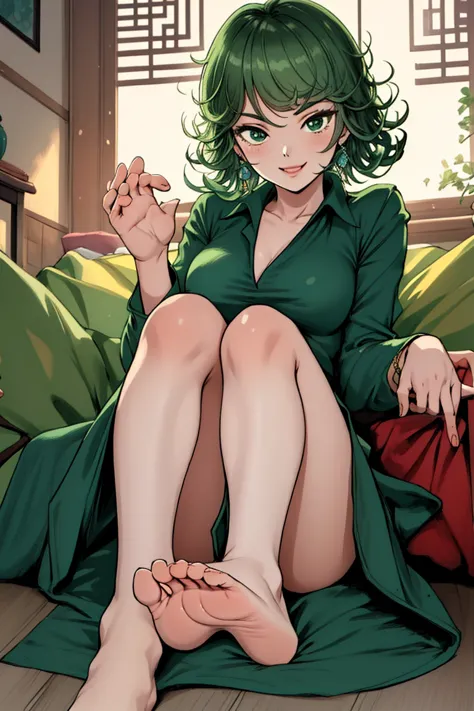(Masterpiece of Art, best quality specialist), 1 girl , Tatsumaki,showing legs,  Dazzling,  , indoors, Green Mini skirt,whole fe...