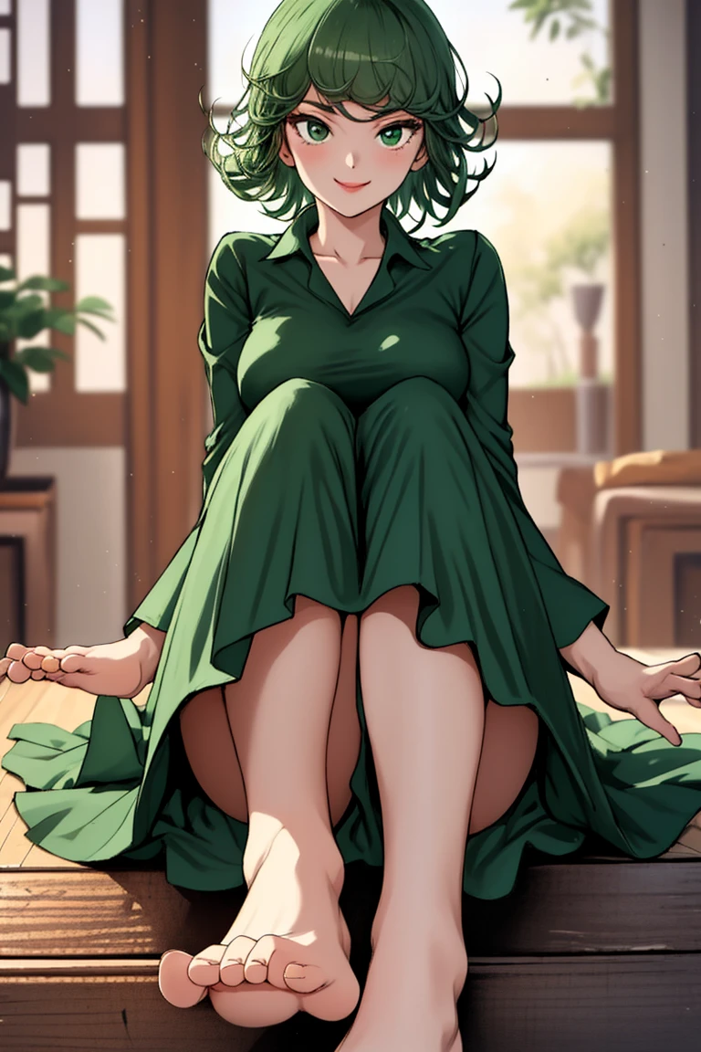 (Masterpiece of Art, best quality specialist), 1 girl , Tatsumaki,showing legs,  Dazzling,  , indoors, Green Mini skirt,whole feet, Green top,  showing feet , 5 Fingers, naked feet , Close to viewer  , smile, another, another, feet  from bellow