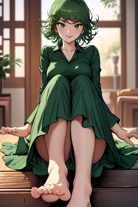 (Masterpiece of Art, best quality specialist), 1 girl , Tatsumaki,showing legs,  Dazzling,  , indoors, Green Mini skirt,whole fe...