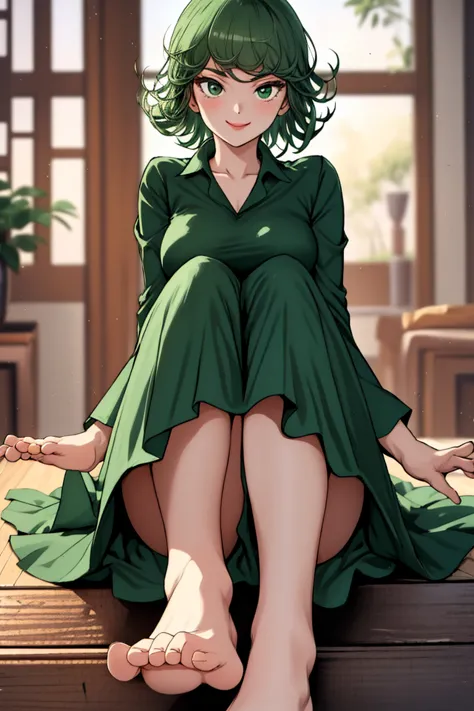 (masterpiece of art, best quality specialist), 1 girl , tatsumaki,showing legs,  dazzling,  , indoors, green mini skirt,whole fe...