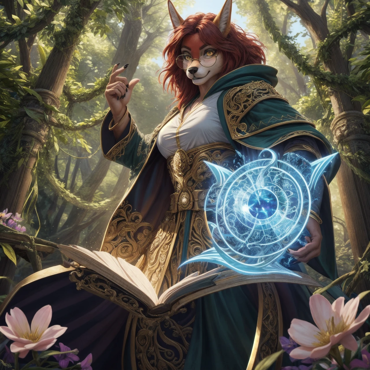 breathtaking (best quality, masterpiece, detailed, 8k)
RAW, realistic cinematic photo, Angelic female anthro furry jackal, bard, detailed fur, red fur, narrow muzzle, sultry yellow eyes, slit pupil, red hair, Textured long bob, black nails, wearing ornate robes, opulent magical equipment, green hooded cloak, small round glasses, carrying spell book, dynamic action pose, close up, A gate composed of interwoven vines and flowers, representing the connection between nature and magic, casting spells, defending against attackers, posed in misty forest battle, Mesmerizing (Radiant Aura:1.2), shot from dynamic angle, (masterpiece, award-winning, professional, HDR)