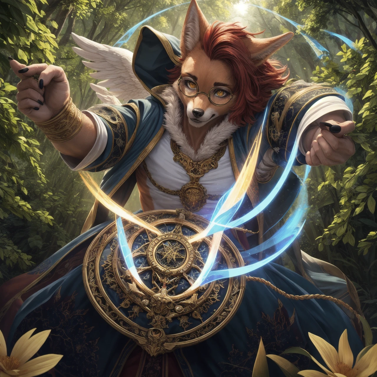 breathtaking (best quality, masterpiece, detailed, 8k)
RAW, realistic cinematic photo, Angelic female anthro furry jackal, bard, detailed fur, red fur, narrow muzzle, sultry yellow eyes, slit pupil, red hair, Textured long bob, black nails, wearing ornate robes, opulent magical equipment, green hooded cloak, small round glasses, carrying spell book, dynamic action pose, close up, A gate composed of interwoven vines and flowers, representing the connection between nature and magic, casting spells, defending against attackers, posed in misty forest battle, Mesmerizing (Radiant Aura:1.2), shot from dynamic angle, (masterpiece, award-winning, professional, HDR)