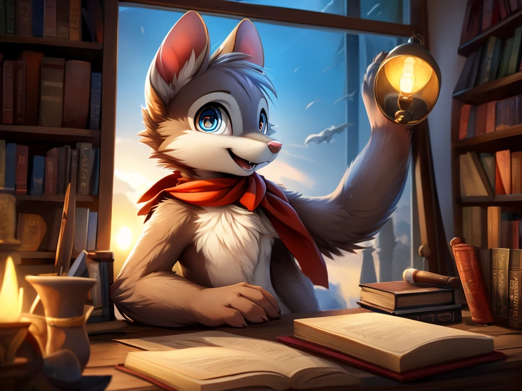 male anthro mouse, cute-fine-face, ultra cute face, cute, Flat Breast, bright white fur, ((leaning against book shelf)), triumphant pose, ((reflective eyes)), ((looking at viewer)), ((looking straight at you)), expressive eyes, detailed big hands, light blue scarf, Eyes red, white sclera, chest tuft, ((presenting holding penis)), Evil laughter, triumphant pose, provocative, Depth of field, Three-quarter view, loaded on e621, by dagasi, by loimu, By Hiroshiru, por silverfox5213, [fund: (Bedroom), bookshelf, rustic lamp), (window: sky, moonligh, nouveau)], ambient lighting, Meia-noite, detailed back ground, Ray tracing, conceptual artwork, highy detailed, ((work of art)), ((best qualityer)), film composition, ultra realistic, (high détail:1.3), sharp focus.