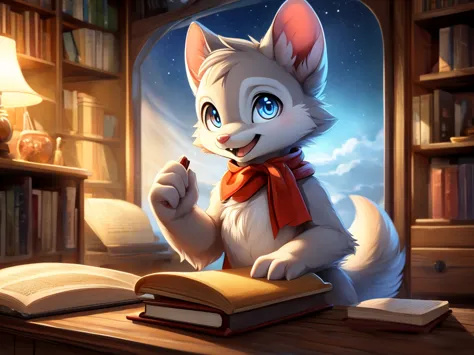 male anthro mouse, cute-fine-face, ultra cute face, cute, Flat Breast, bright white fur, ((leaning against book shelf)), triumph...