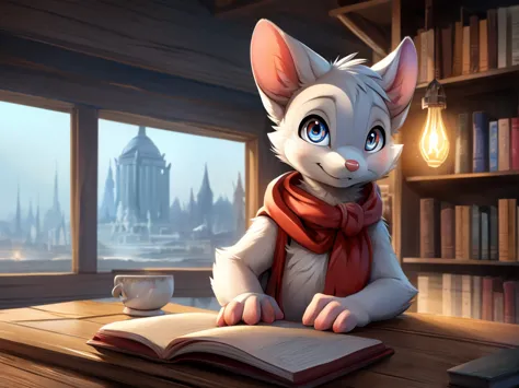 male anthro mouse, cute-fine-face, ultra cute face, cute, Flat Breast, bright white fur, ((leaning against book shelf)), triumph...