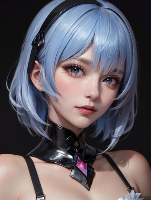 Masterpiece, Best Quality, 8K, Detailed Skin Texture, Detailed Cloth Texture, Beautiful Detail Face, Intricate Detail, Ultra Detailed, Portrait of Rei Ayanami, Blue Hair, Red Eyes, Head Tilt, No Background