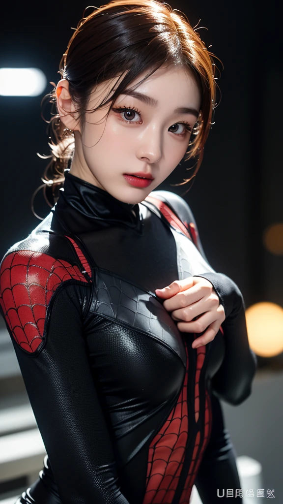 tmasterpiece,1 Chinese girl，realisticlying，8K  UHD，high high quality，in the background bokeh, white and black spider-man suit，Spidey，Clothes wrap around the whole body，Tight clothing，Abs contour，Short black hair，s the perfect face，shining face，Ultra-clear face，Elaborate Eyes，idoly