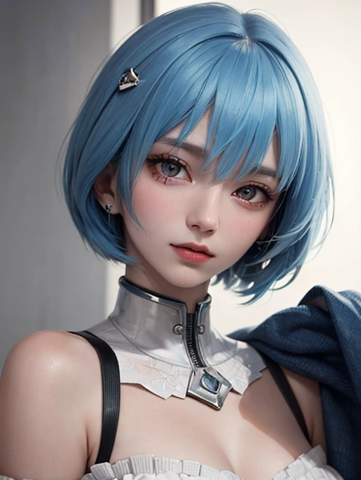 obra maestra, mejor calidad, 8K, textura de piel detallada, Textura de tela detallada, Hermoso rostro detallado, detalles intrincados, Ultra detallado, retrato de rei ayanami, pelo azul, ojos rojos, inclinación de cabeza, sin antecedentes