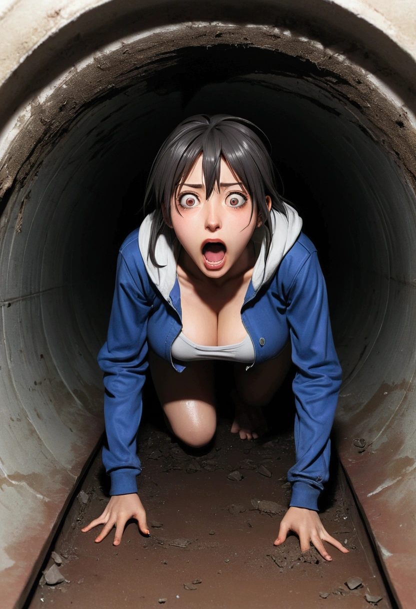 an anime 1girl crawling in a body-fit pipeline tunnel, dirty and torn clothes, head view, big busty, terrifying expression, widen eyes, open mouth, shouting