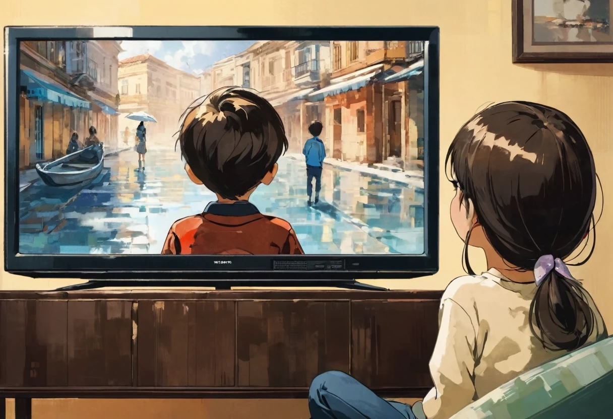 A boy watching a beautiful girl on TV