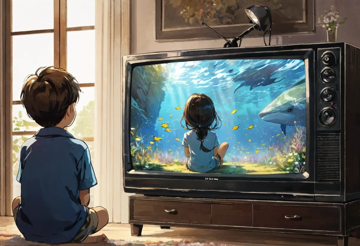 A boy watching a beautiful girl on TV