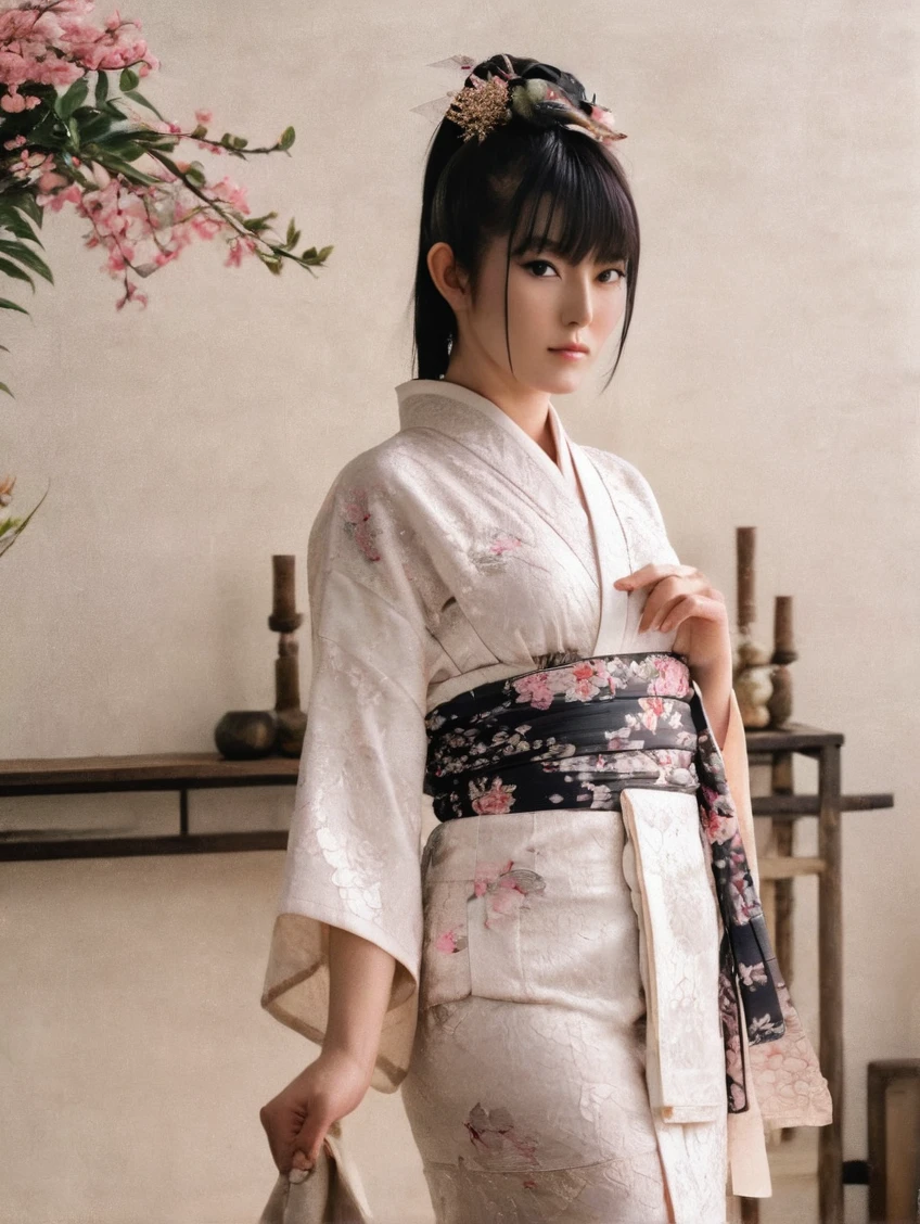 a beautiful picture of suzuka nakamoto XL, detailed skin texture,white,sexy, kimono, full body, masterpiece, photorealistic, woman, 4k, backlighting, light, RAW color photo,(fully in frame:1.1), (blush:0.5), (goosebumps:0.5), wearing a (formal suit:1.1)