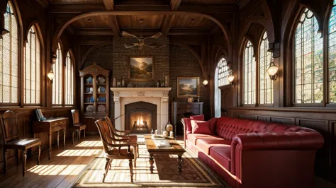 a cozy and grand griffindor common room, high ceilings, stone walls, arched windows, fantasy medieval setting, red sofas, firepl...