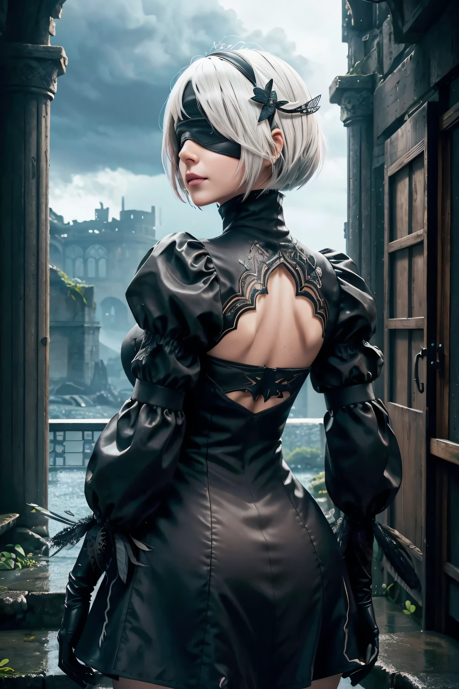 2B Nier Automata,Bobcut, Gray Hair,Long sleeve, Juliet Sleeve, White gloves, turtleneck, bangs, Feather ornament, Feather ornament sleeves, Blindfold, Black Goth Dress,Beautiful back view,Japanese Ultra HD,super high quality,masterpiece,Digital SLR,Photorealistic,Detailed details,Vivid details,Depicted in detail,A detailed face,Detailed details,Super Detail,Realistic skin texture,Anatomical basis,Perfect Anatomy,Anatomically correct hand,Anatomically correct fingers,Complex 3D rendering,Sexy pose,Rainy Sky,Beautiful scenery,Fantastic rainy sky,Fantasy worldview,Picturesque,Pink Lips,Black butterfly々Fluttering,A ruined world,A devastated battlefield,ruins,