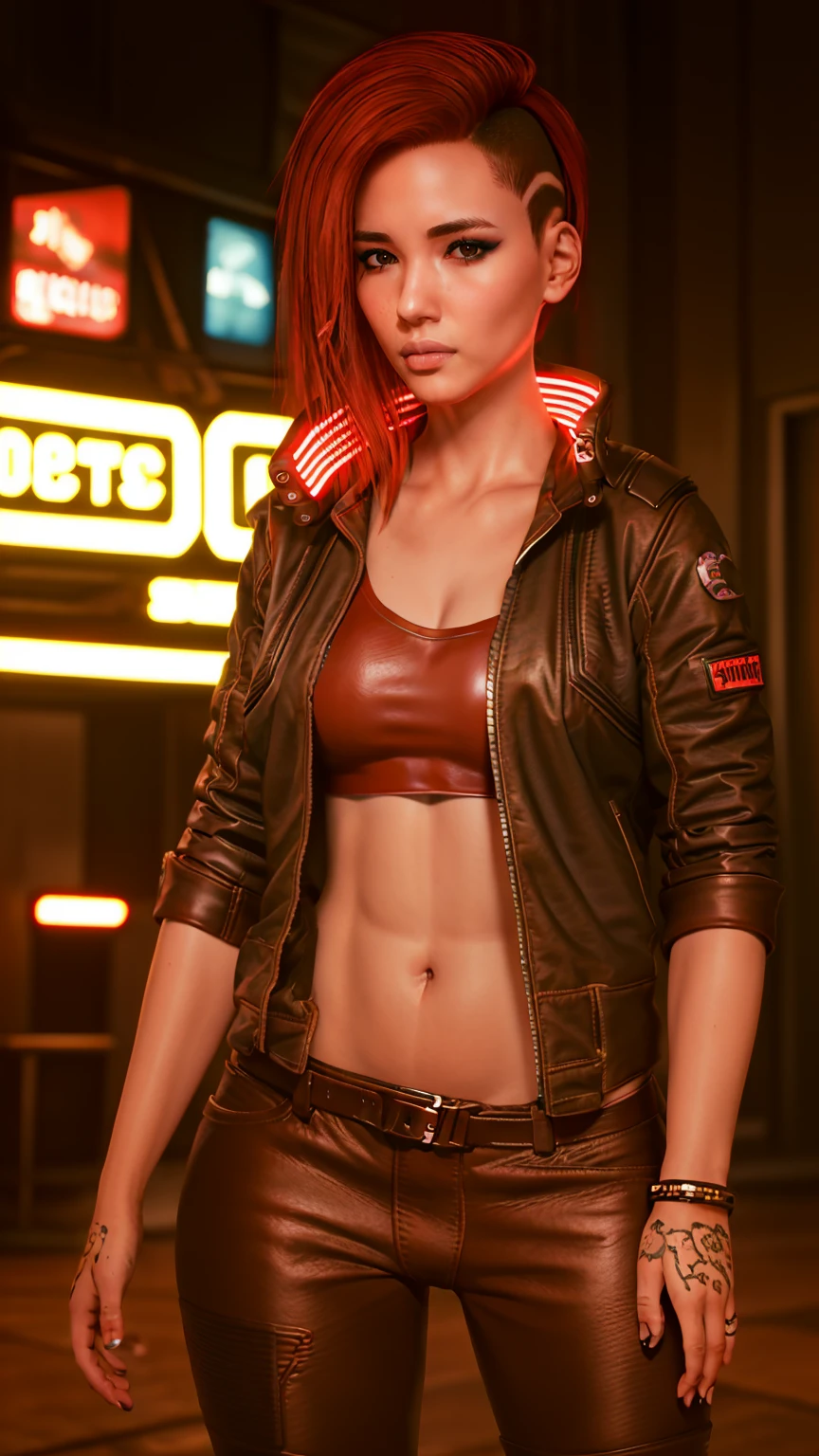 2077v, neon jacket collar. redhead, leather jacket, leather pants, grey shirt, undercut, high quality, masterpiece, raw photo, detailed, extreme detail, detailed lips, raw, 4k, high resolution,