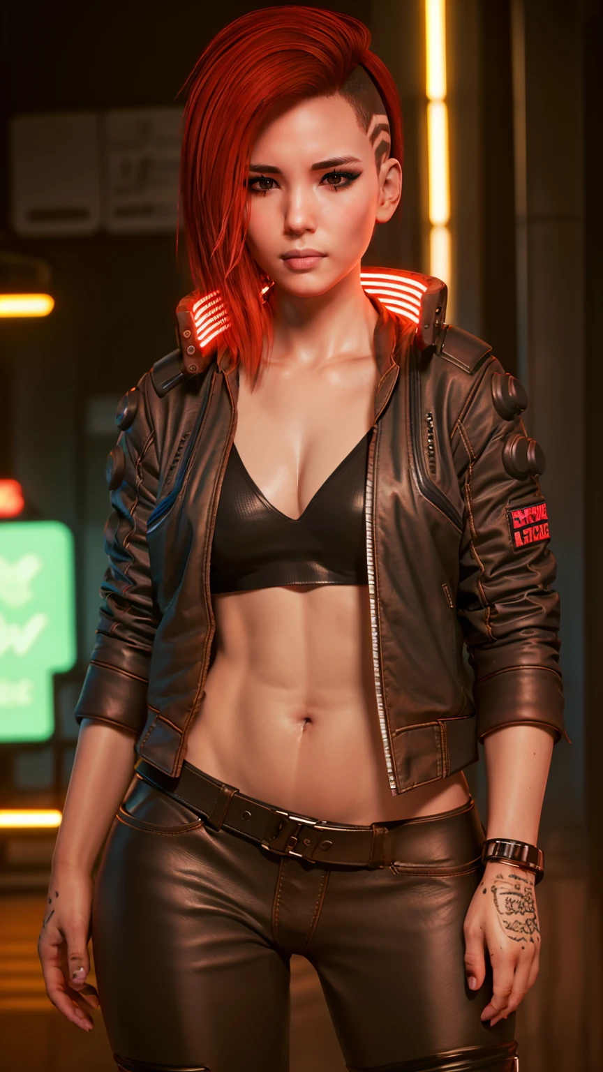 2077v, neon jacket collar. redhead, leather jacket, leather pants, grey shirt, undercut, high quality, masterpiece, raw photo, detailed, extreme detail, detailed lips, raw, 4k, high resolution,