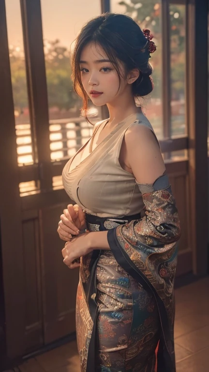 (dark shot:1.4), 80mm, (dark shot:1.4), masterpiece, best quality, game_cg, in summer, girl, solo, medium hair, white hair, looking at viewer, brown eyes, gigantic breasts nearly exposed, perfect booty, 80mm, epic realistic, painting of a geisha with european features entering a japanese pine forest, by range murata, a big red sun in the background, stunning, matted, paul gauguin, van gogh, art by greg rutkowski and artgerm, soft cinematic light, adobe lightroom, photolab, hdr, intricate, highly detailed, (depth of field:1.4), (dark shot:1.22), neutral colors, (hdr:1.4), (muted colors:1.4), (intricate), (artstation:1.2), hyperdetailed, dramatic, intricate details, (technicolor:0.9), (rutkowski:0.8), cinematic, detailed, soft light, sharp, exposure blend, medium shot, bokeh, (hdr:1.4), high contrast, (cinematic, teal and orange:0.85), (muted colors, dim colors, soothing tones:1.3), low saturation, (hyperdetailed:1.2), (noir:0.4), soft light, sharp, exposure blend, medium shot, bokeh, (hdr:1.4), high contrast, (cinematic, teal and orange:0.85), (muted colors, dim colors, soothing tones:1.3), low saturation, (hyperdetailed:1.2), (noir:0.4), (intricate details:1.12), hdr, (intricate details, hyperdetailed:1.15)