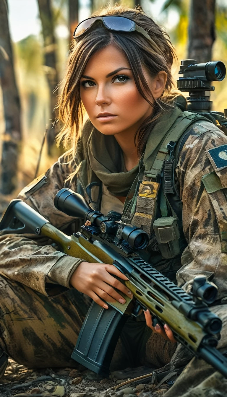 Full body shot, A photorealistic picture, best quality, realistic, full body portrait, real picture, enhanced details, depth of field, post-apocalyptic wasteland, a detailed realistic female sniper in full camouflage suit,face painted,sitting between trees,aiming huge sniper rifle resting on knee,camouflage blending into surroundings,(best quality,8k,highres,masterpiece:1.2),ultra-detailed,(realistic,photorealistic,photo-realistic:1.37),HDR,UHB,physically-based rendering,extreme detail description,vivid colors,professional military sniper portrait, real face, real silhouette, Fujifilm XT3, outdoors, morning, nice lighting, dynamic, RAW, 8k, uhd, film grain, cinematic Hollywood film style 