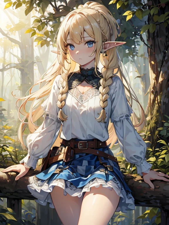 masterpiece, Highest quality, Very detailed, 16K, Ultra-high resolution、Cowboy Shot, 1 Elf girl, Detailed face、Perfect Fingers, Elf Ears, Small breasts, blue eyes, Blonde, Braiding, White blouse, sweater, (Checkered lace skirt:1.4), in the forest, On the tree, Perched on a branch