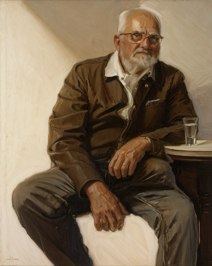 Oil painting of an old man ((best work of art)) ((very contrasted image)) ((White background)) Brown hair, modern, jeans, current white background, Nick Alm, by Andrea Pozzo, Jeremy Lipking, range murata Jeremy Lipking, by Carlo Mense, inspired by Enrique Simonet, sargento marshénnikov, by Michael Ford, krenzcushart, Jeremy Lipking full length shot, by Josep Rovira Soler