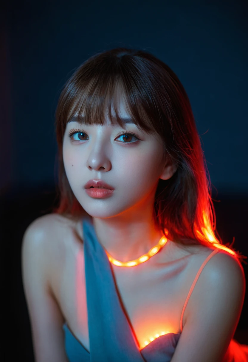 8K, best quality, 1 girl, (Skin Indentation), night, (dark), Indoor clear background, (people), Beautiful bangs, Gorgeous,, (Clothing and:1.3),Soft lighting, attractive, dark Room, (mouth close:1.2, beautiful eyes, Exquisite eyes, Detailed iris, Beautiful lips, Beautiful nose, Pretty Face),(primary color:1.5)，(Ambient Light:1.5)，(Neon lights:1.8),(Radioluminescence:1.3)