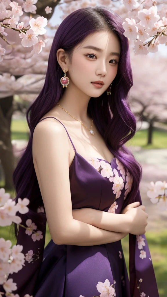 Yun Xi (,1 garota, pov,melhor qualidade,obra de arte,  ) ,(((flores de cerejeira,,  )))     ultra realista 8k cg, Perfeito, limpar, obra de arte, arte profissional, obras de arte famosas, iluminação cinematográfica, flor cinematográfica, Rosto Perfeito, rosto bonito, fantasia, sonhe como, irreal, ficção científica, luxo, joia, diamante, ouro, Pérola, gem, safira, rubi, esmeralda, detalhe intrincado, Padrão delicado, encantador, atraente, Sedutor, erótico, encantador, hair ornament, colar, Brincos, pulseira, pulseirae,aréola,Folhas de outono,Olho roxo,Cabelo roxo,vestuário tradicional roxo