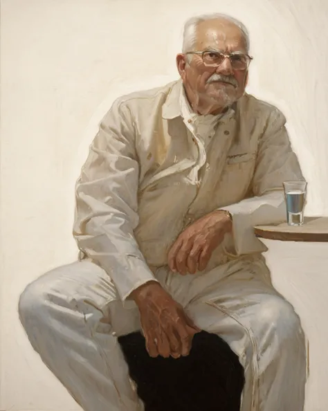 Oil painting of an old man ((best work of art)) ((very contrasted image)) ((White background)) Brown hair, modern, jeans, curren...