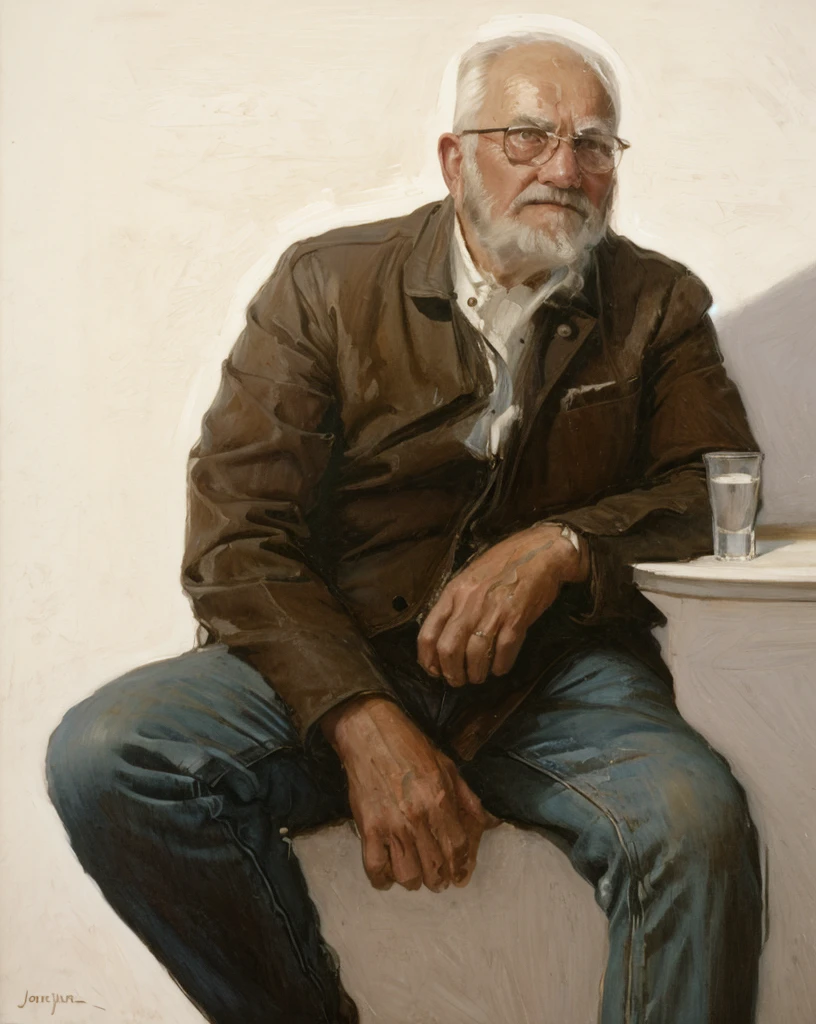 Pintura a óleo de um velho ((melhor obra de arte)) ((imagem muito contrastada)) ((Fundo branco)) cabelo castanho, visão moderna, jeans, fundo branco atual, Nick Alm, Direção: Andrea Pozzo, Jeremy Lipking, faixa murata Jeremy Lipking, por Carlo Mense, inspirado em Enrique Simonet, Sargento Marshénnikov, Direção: Michael Ford, Krenz Cushart, Jeremy Lipking foto completa, por Josep Rovira Soler