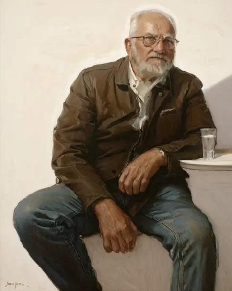 oil painting of an old man ((best work of art)) ((very contrasted image)) ((white background)) brown hair, modern, jeans, curren...