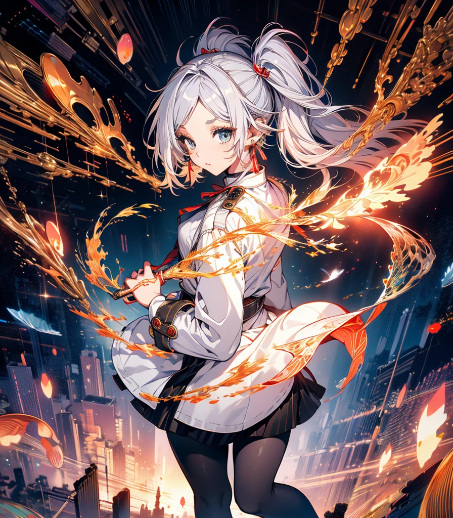 ((Highest quality)), ((masterpiece)), (detailed), Long Hair, Gray Hair, Twin tails, Pointed Ears, Earrings, Thick eyebrows, White capelet, Striped shirt, Long sleeve, belt, White Skirt, Black Pantyhose　High resolution　Holding a walking stick　,freeze,Upper Body