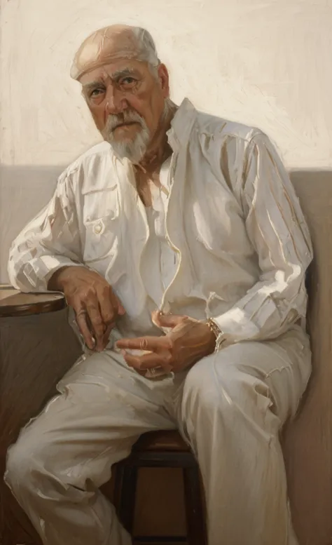 oil painting of an old man ((best work of art)) ((very contrasted image)) ((white background)) brown hair, modern, jeans, curren...