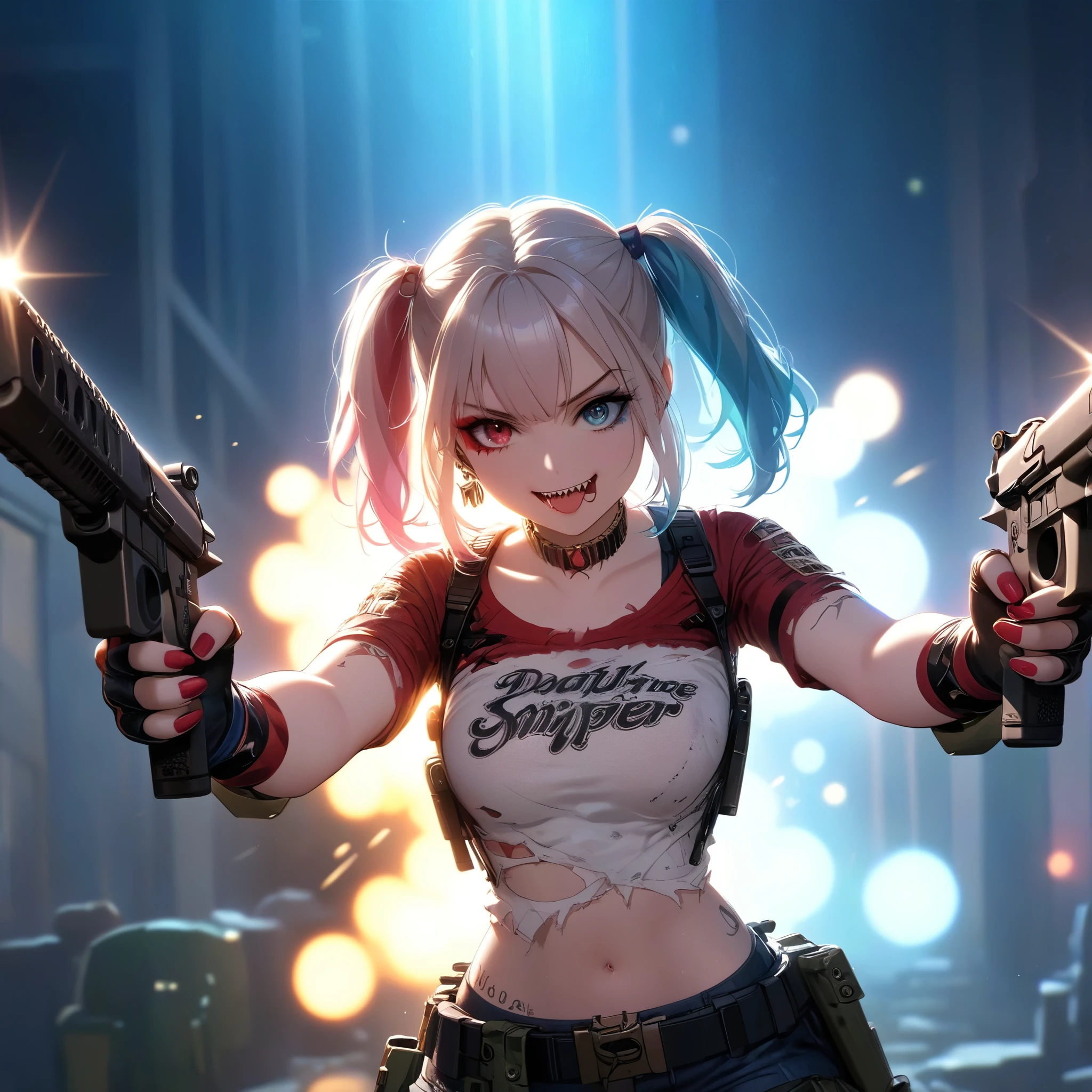 harleyquinn1024,calidad\(8K,fondo de pantalla de una unidad CG extremadamente detallada, ​obra maestra,alta resolución,top-calidad,top-calidad real texture skin,hiperrealista,aumentar la resolución,Fotos CRUDAS,la mejor calidad,muy detallado,el fondo de pantalla,iluminación cinematográfica,traza de rayos,proporción áurea\), BREAK ,1 chica\(harleyquinn\(escuadrón suicida\),(tirador,tiro con doble arma,disparando 2 rifles de francotirador\(Serie de fusiles M16\) por ambas manos:1.6),(gran sonrisa:1.4),boca abierta,dientes afilados, lengua larga, Feliz,sonrisa maligna, ojos detallados, dos_Tono de cabello,(usando maquillaje:1.4),colas gemelas,mama,ropa rasgada,estomago abierto,músculo,lindo,loco,mad,mirando al espectador\), BREAK ,fondo\(gran explosión en la espalda,Simple,Ciudad colapsada, escombros\),ángulo dinámico,alto contraste,cuerpo completo,pose dinámica