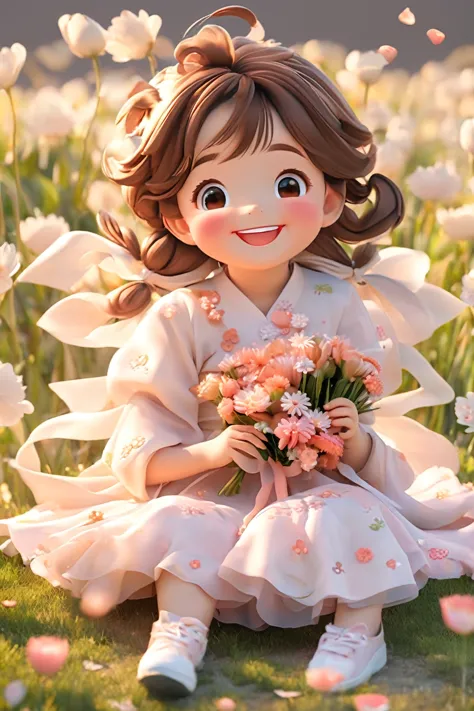 someone sitting on the ground，A bouquet of flowers in the hair, Sweet laugh, Cute numbers, Gentle and happy smile, Soft surprise...