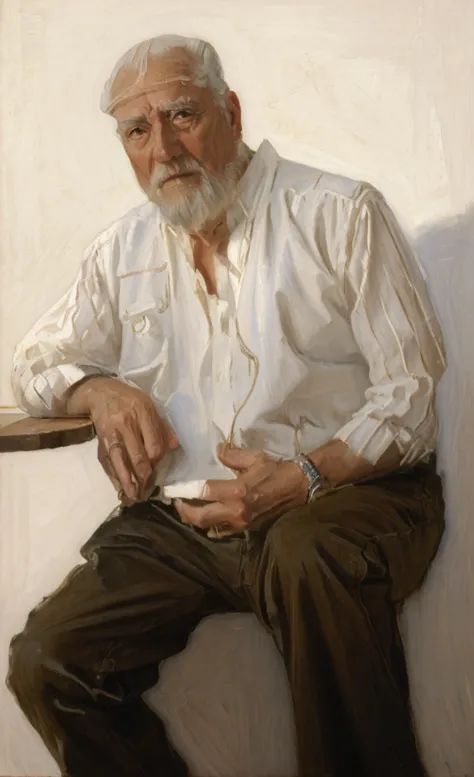 oil painting of an old man ((best work of art)) ((very contrasted image)) ((white background)) brown hair, modern, jeans, curren...