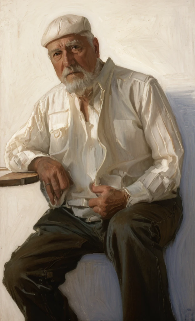 Oil painting of an old man ((best work of art)) ((very contrasted image)) ((White background)) Brown hair, modern, jeans, current white background, Nick Alm, by Andrea Pozzo, Jeremy Lipking, range murata Jeremy Lipking, by Carlo Mense, inspired by Enrique Simonet, sargento marshénnikov, by Michael Ford, krenzcushart, Jeremy Lipking full length shot, by Josep Rovira Soler