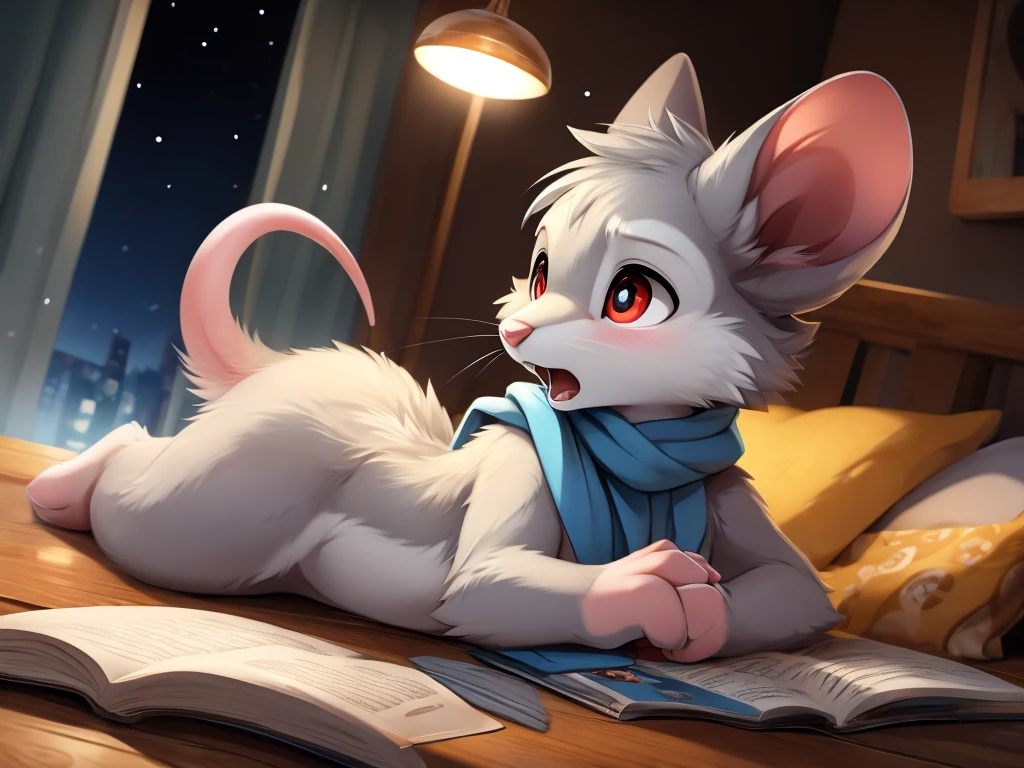 Male Anthro mouse aroused reading porn magazine, lying on the bed, angry eyes, open mouth, (masturbating), heavily blushing, ((Looking at porn magazine)) ((reading)), ((looking down)), (hand holding dick), nsfw, teeth, tongue, red eyes, white sclera, expressive eyes, white fur, penis, chest tuft, four fingers, mouse tail, detailed big hands, ((light blue scarf)), ((night)), Meia-noite, loaded on e621, by dagasi, by loimu, By Hiroshiru, por silverfox5213, [fund: (Bedroom), rustic lamp, pillow), cute-fine-face, ultra cute face, (hip focus), Depth of field, Three-quarter view, ambient lighting, detailed back ground, Ray tracing, conceptual artwork, highy detailed, ((work of art)), ((best qualityer)), film composition, ultra realistic, (high détail:1.3), sharp focus.