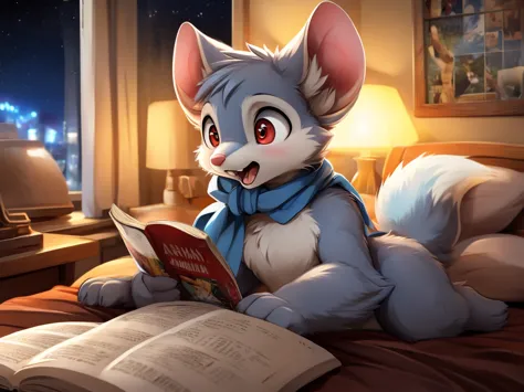 Male Anthro mouse aroused reading porn magazine, lying on the bed, angry eyes, open mouth, (masturbating), heavily blushing, ((L...