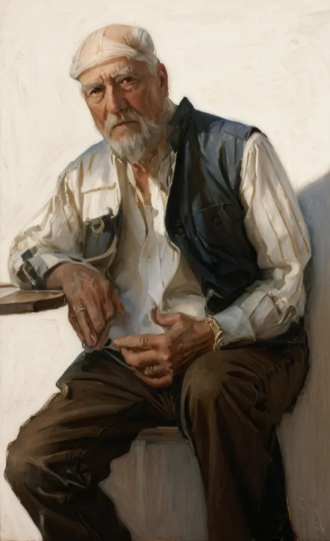 Oil painting of an old man ((best work of art)) ((very contrasted image)) ((White background)) dark blue vest, Brown hair, moder...