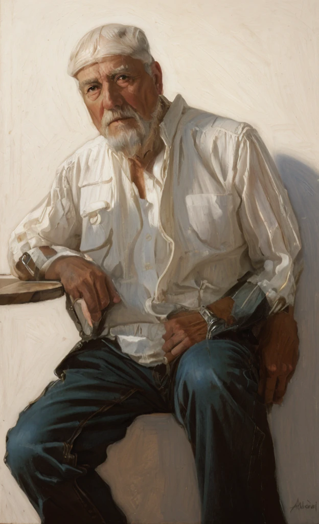 Oil painting of an old man ((best work of art)) ((very contrasted image)) ((White background)) dark blue vest, Brown hair, modern, jeans, current white background, Nick Alm, by Andrea Pozzo, Jeremy Lipking, range murata Jeremy Lipking, by Carlo Mense, inspired by Enrique Simonet, sargento marshénnikov, by Michael Ford, krenzcushart, Jeremy Lipking full length shot, by Josep Rovira Soler