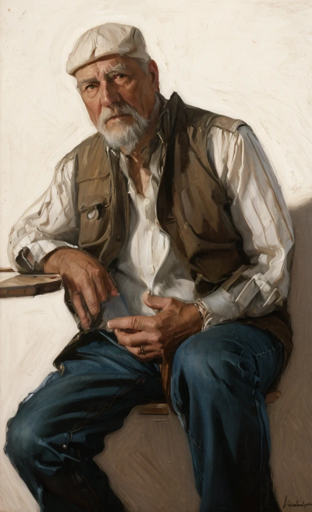 Oil painting of an old man ((best work of art)) ((very contrasted image)) ((White background)) dark blue vest, Dark blue shirt, Brown hair, modern, jeans, current white background, Nick Alm, by Andrea Pozzo, Jeremy Lipking, range murata Jeremy Lipking, by Carlo Mense, inspired by Enrique Simonet, sargento marshénnikov, by Michael Ford, krenzcushart, Jeremy Lipking full length shot, by Josep Rovira Soler