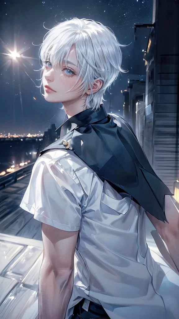 ((4K works))、​masterpiece、(top-quality)、One beautiful boy、Slim body、tall、((Black Y-shirt and white pants、Charming British knight style))、Please wear one jacket、(Detailed beautiful eyes)、Fantastic Night City、((City under the stars))、Fantastic city at midnight、((Face similar to Carly Rae Jepsen))、((Short-haired white hair))、((Smaller face))、((Neutral face))、((Bright blue eyes))、((American adult male))、((Adult male 26 years old))、((Cool Men))、((Like a celebrity))、((Crying expression))、((sad look))、((Korean Makeup))、((elongated and sharp eyes))、((Happy dating))、((boyish))、((Upper body photography))、Professional Photos、((Shot alone))、((She is looking up at the sky under the roof))、((Shot from the side))、((Crying profile))、((Face crying in pain))、((He is looking upwards))、((His eyes are looking down))、((He stands next to the viewer))、((He who cries))、I'm crying on a stick.、Man crying while standing、Solitude、saddened、desolate、suffocating、heartbreaking、auw、Tears dripping on the cheeks