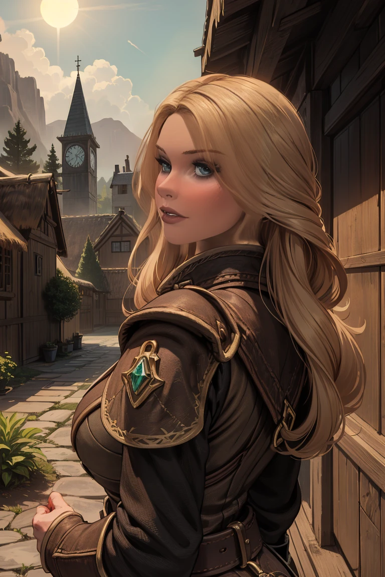 1 girl, masterpiece, 32 yo, femalebreton beauty sits outdoors in a rustic Skyrim village, surrounded by thatched roofs and lush greenery. The sun casts a warm glow on her porcelain skin as she gazes directly into the camera lens, her piercing green eyes sparkling with a hint of mischief. Her raven tresses cascade down her back like a waterfall, framing her heart-shaped face. A gentle smile plays on her lips, inviting the viewer to step into her whimsical world. blonde hair, fit body, (female front body view:1.3), (looking straight at the viewer:1.3)