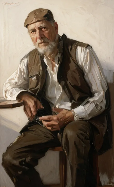 Oil painting of an old man ((best work of art)) ((very contrasted image)) ((White background)) dark blue vest, Brown hair, moder...