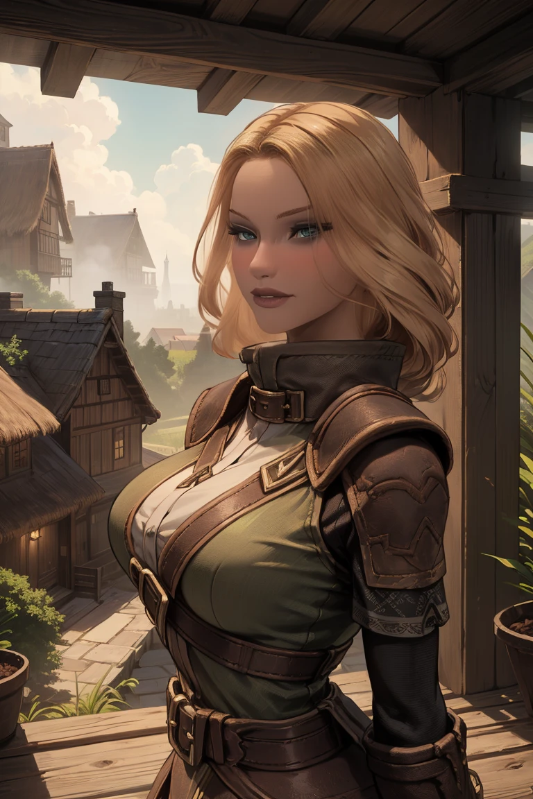 1 girl, masterpiece, 32 yo, femalebreton beauty sits outdoors in a rustic Skyrim village, surrounded by thatched roofs and lush greenery. The sun casts a warm glow on her porcelain skin as she gazes directly into the camera lens, her piercing green eyes sparkling with a hint of mischief. Her raven tresses cascade down her back like a waterfall, framing her heart-shaped face. A gentle smile plays on her lips, inviting the viewer to step into her whimsical world. blonde hair, fit body, (female front body view:1.3), (looking straight at the viewer:1.3)