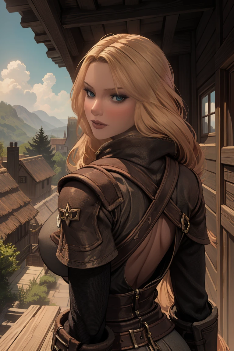 1 girl, masterpiece, 32 yo, femalebreton beauty sits outdoors in a rustic Skyrim village, surrounded by thatched roofs and lush greenery. The sun casts a warm glow on her porcelain skin as she gazes directly into the camera lens, her piercing green eyes sparkling with a hint of mischief. Her raven tresses cascade down her back like a waterfall, framing her heart-shaped face. A gentle smile plays on her lips, inviting the viewer to step into her whimsical world. blonde hair, fit body, (female front body view:1.3), (looking straight at the viewer:1.3)