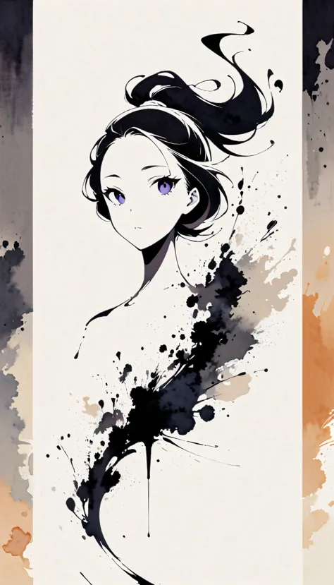 Ponytail girl, Gothic style, Minimalism, Linear style, Huge negative space, Ink Painting, Abstract
